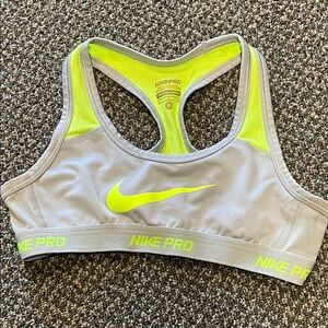 Nike Pro Sports Bra. Girls Size Small. Neon Yellow/Gray. GUC
